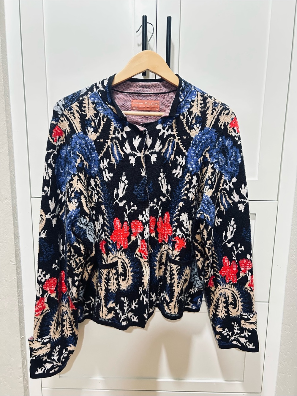 Anthropologie Floral Jacquard Cardigan in Navy, Red & Cream with Blue Accents - Picture 3 of 10